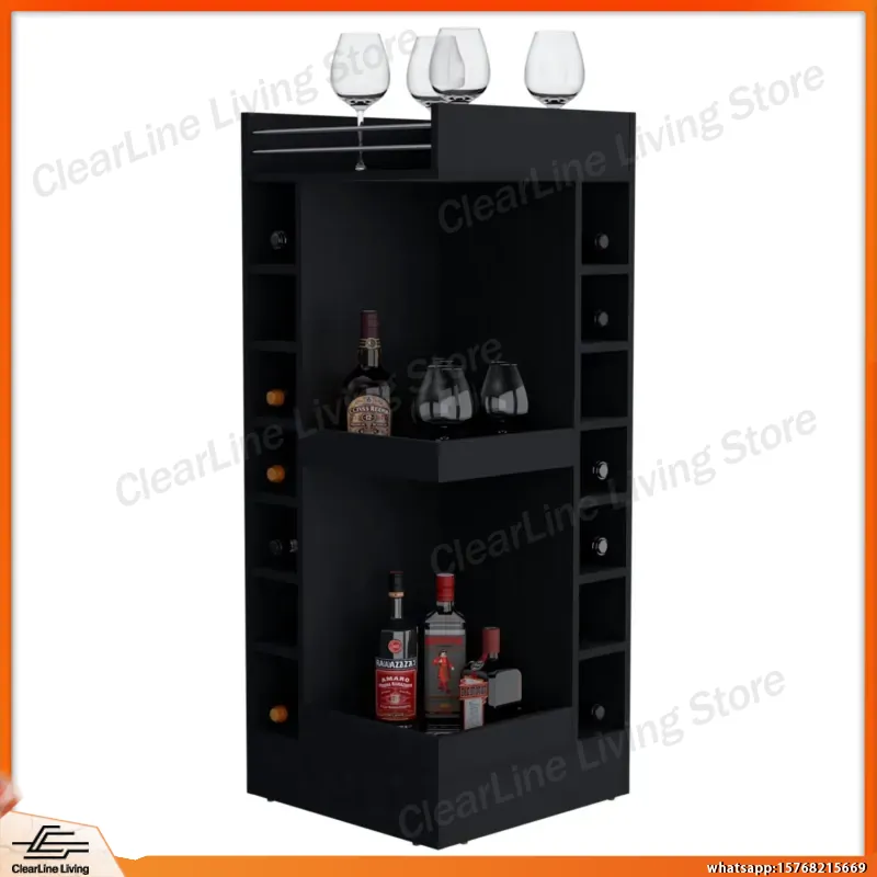 Wine Beer Rum - Zwarte hoekbar kast met wijnrek, open